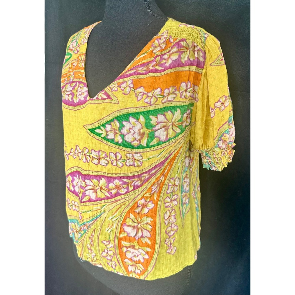 Haute Hippie Style Boho Yellow Floral Paisley V-Neck Puff Sleeve Blouse Medium